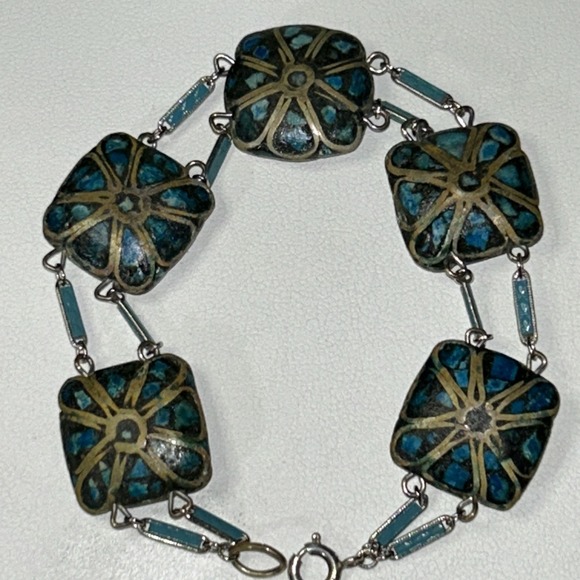 Jewelry - Vintage Sterling Tibet Nepalese Style Turquoise Wire Inlay Bead Bracelet 5515
